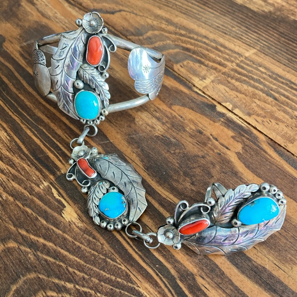 Sterling RBP RAYMOND PLATERO Turquoise/Coral Cuff and Ring - Size 6.5
